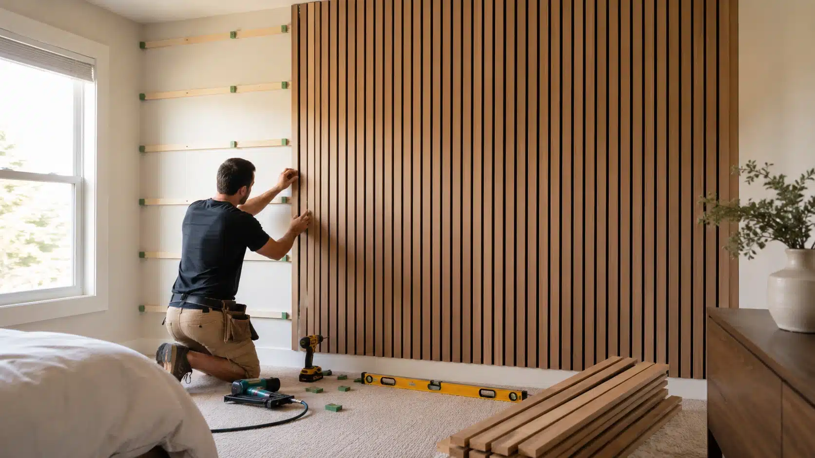 man installing wood slat accent wall for diy home projects, using level, nailer, drill, and spacer blocks in a bedroom