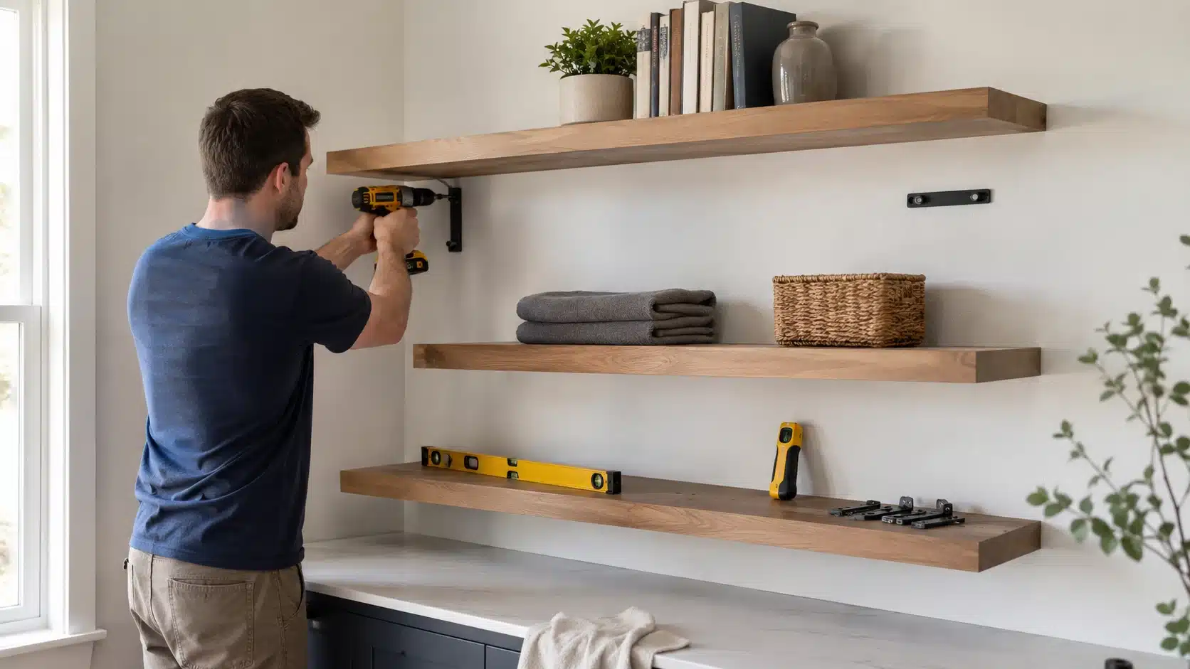 man installs wooden floating shelves for diy home projects, using a drill, level, brackets, and organized decor in room