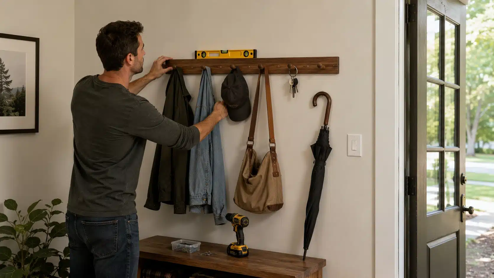 man mounting wooden peg rail during diy home projects, with drill, level, coats, hats, umbrella, keys, and bag