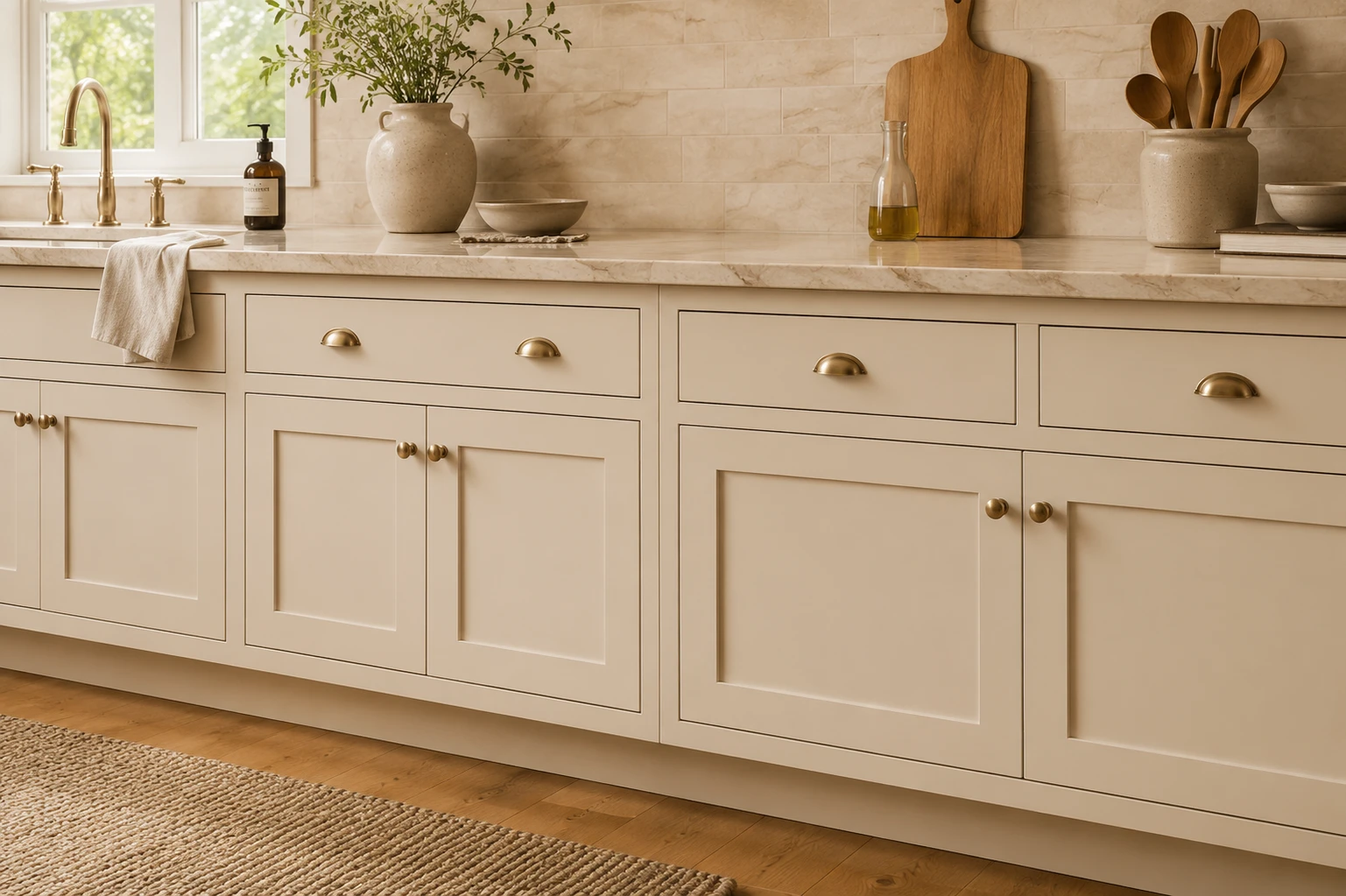 manchester tan hc-81 kitchen cabinets with warm quartz counters, brass hardware, and soft daylight