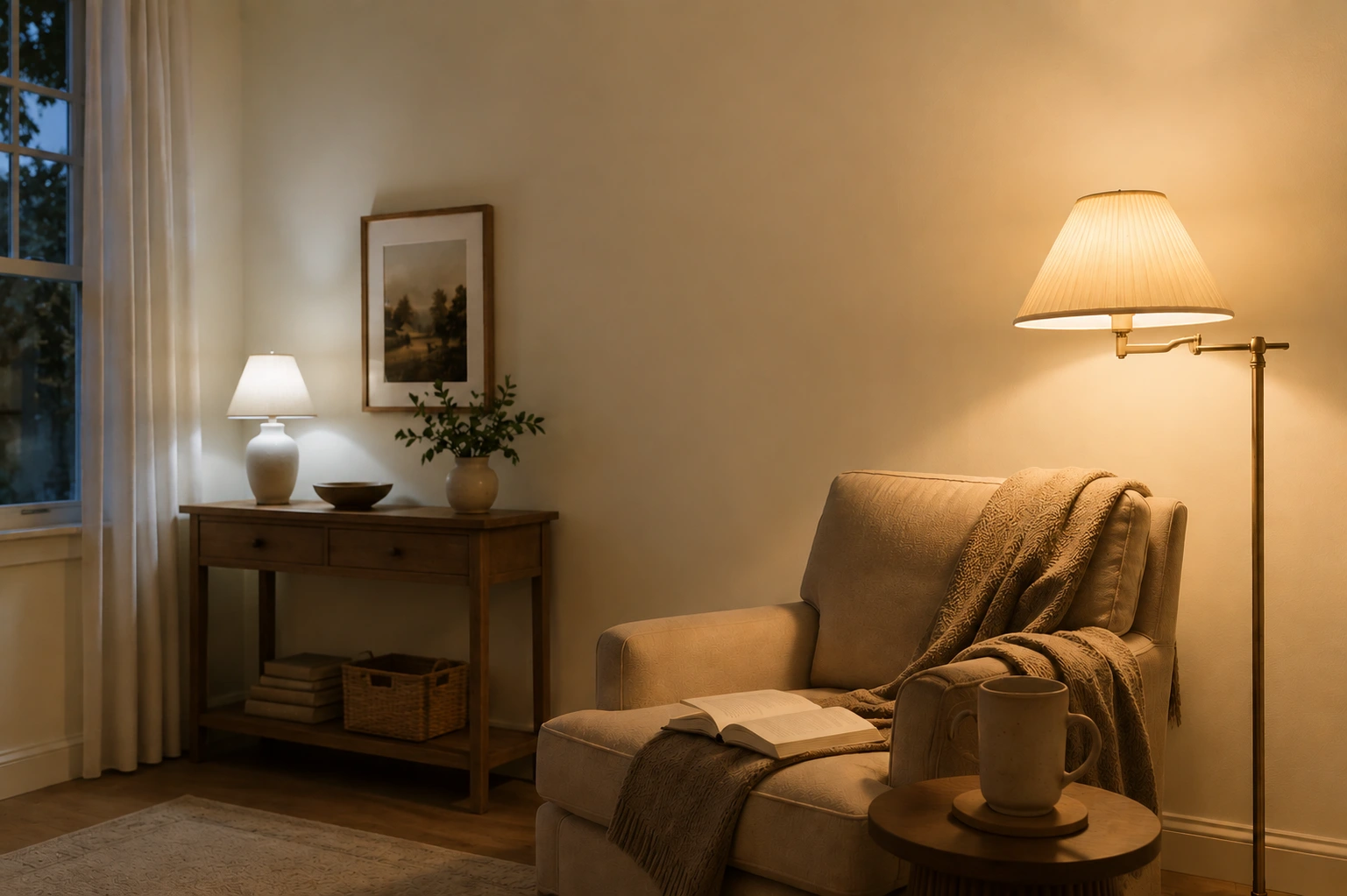 manchester tan hc-81 wall shown with warm artificial lighting, soft daylight, chair, and reading table