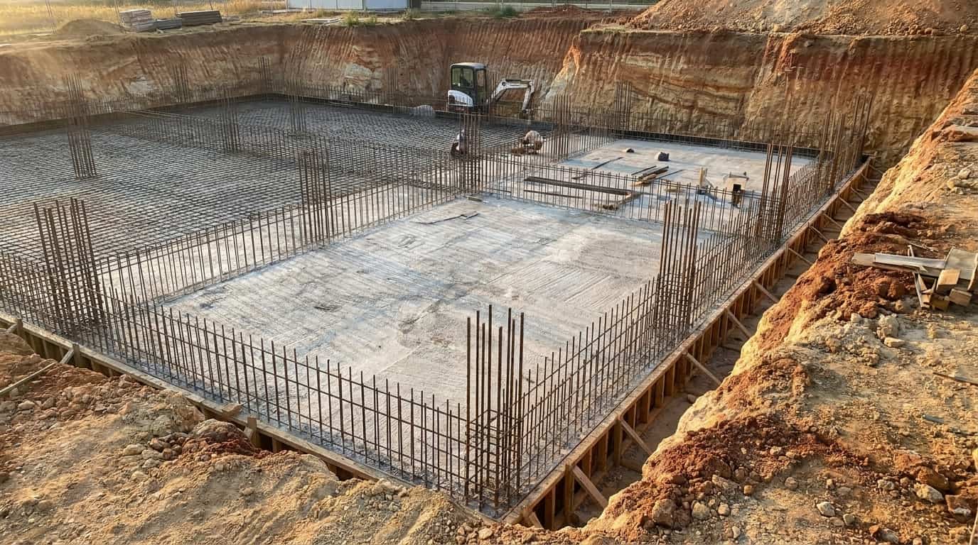 mat or raft foundation with large concrete slab and steel reinforcement over weak soil layers
