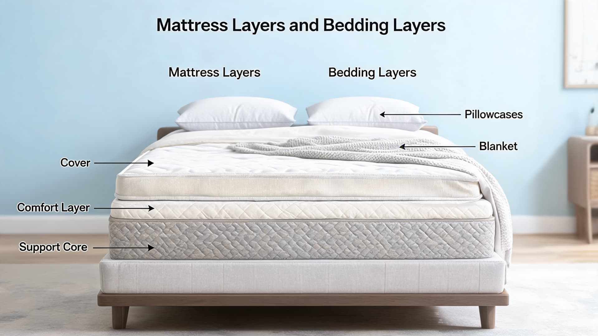 mattress and bedding layers diagram showing cover comfort layer support core blanket and pillowcases