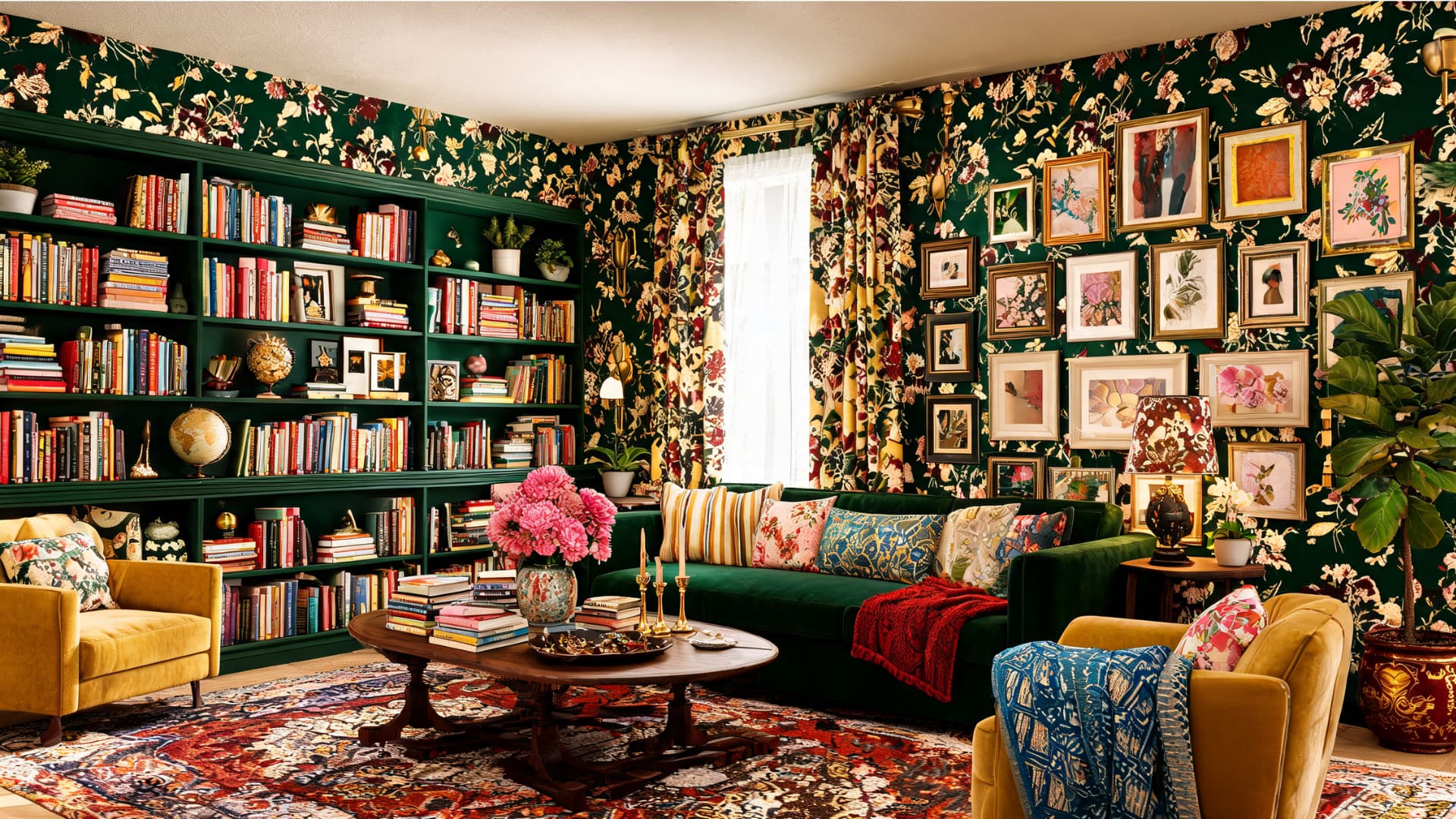 maximalist living room with floral wallpaper, gallery wall, bold colors, bookshelves, and layered patterns