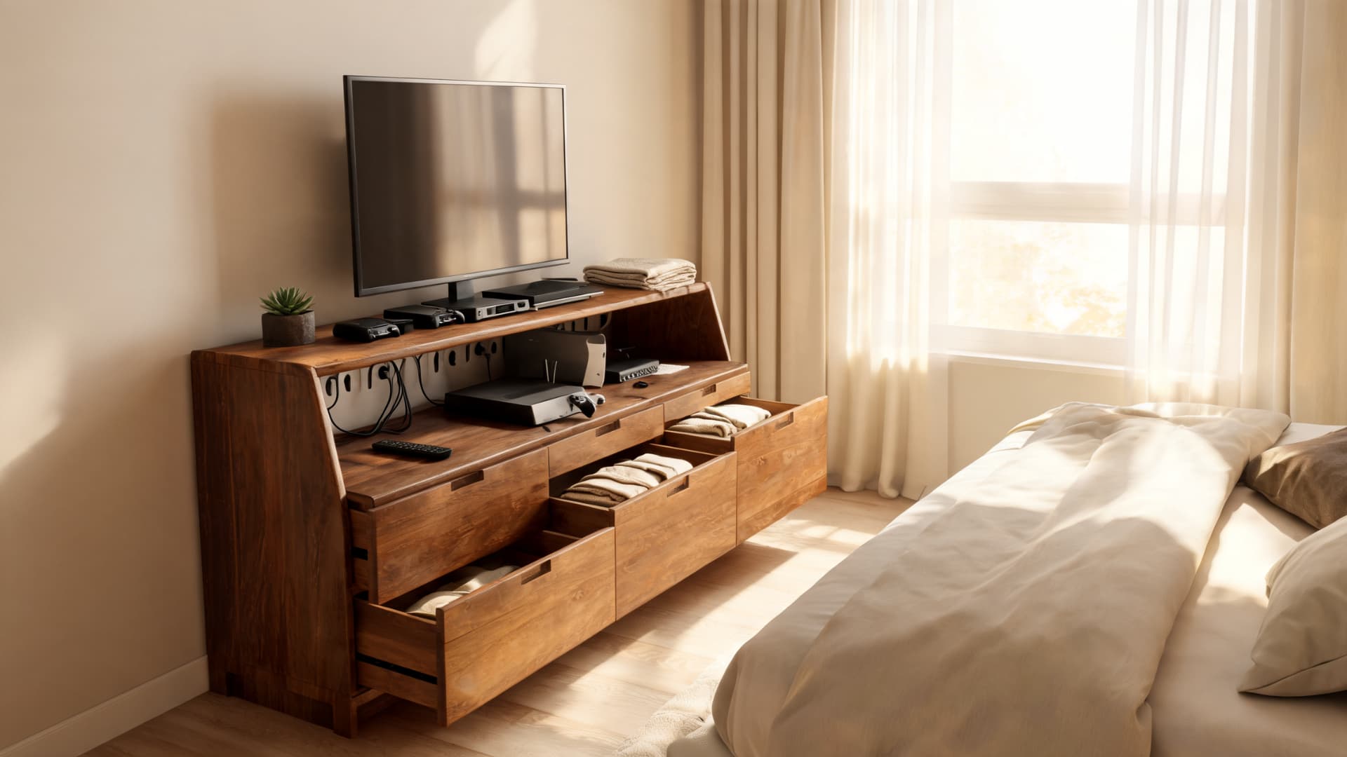 media chest combining clothing drawers with open shelving for electronics creating a functional cozy bedroom entertainment setup