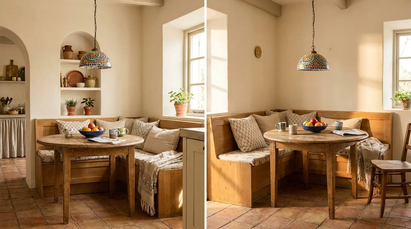 mediterranean breakfast nook with built in bench round table linen cushions and tile