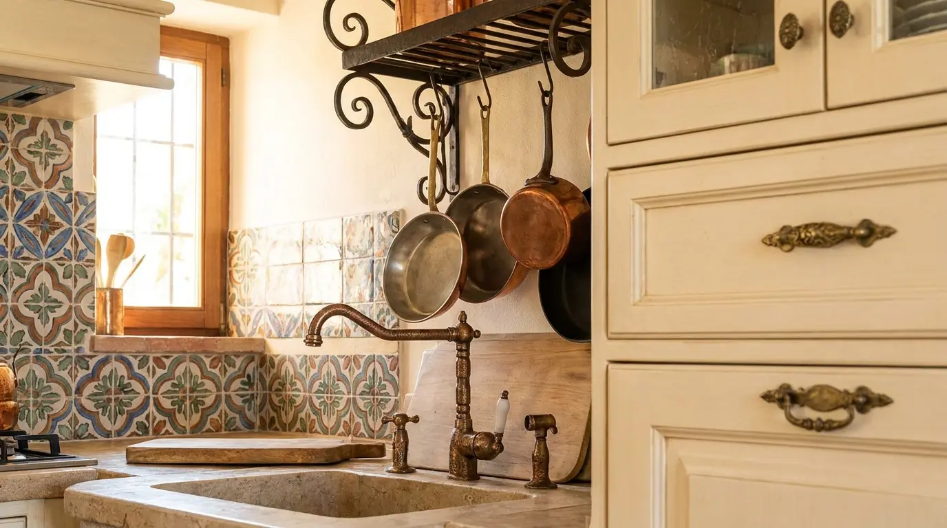 mediterranean kitchen with aged brass pulls bronze faucet and iron pot rail
