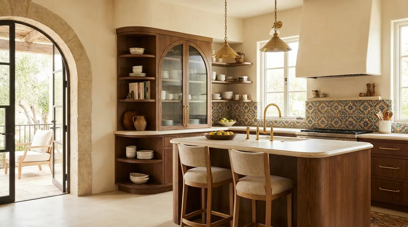 mediterranean kitchen with arched doorway rounded island and curved shelves