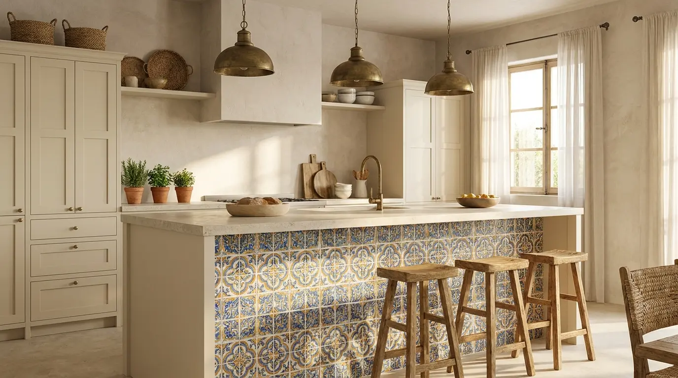 mediterranean kitchen with colorful tiled island cream cabinets and brass pendants