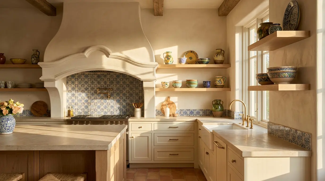 mediterranean kitchen with curved plaster hood blue tile cream cabinets and brass