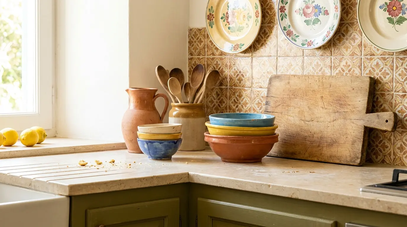 mediterranean kitchen with handmade ceramics painted plates clay pitcher and bowls