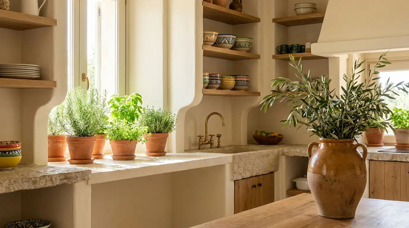 mediterranean kitchen with herbs olive branches ceramic vase and sunny window