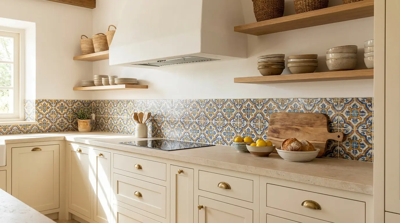 mediterranean kitchen with limestone counters patterned tile and cream cabinets