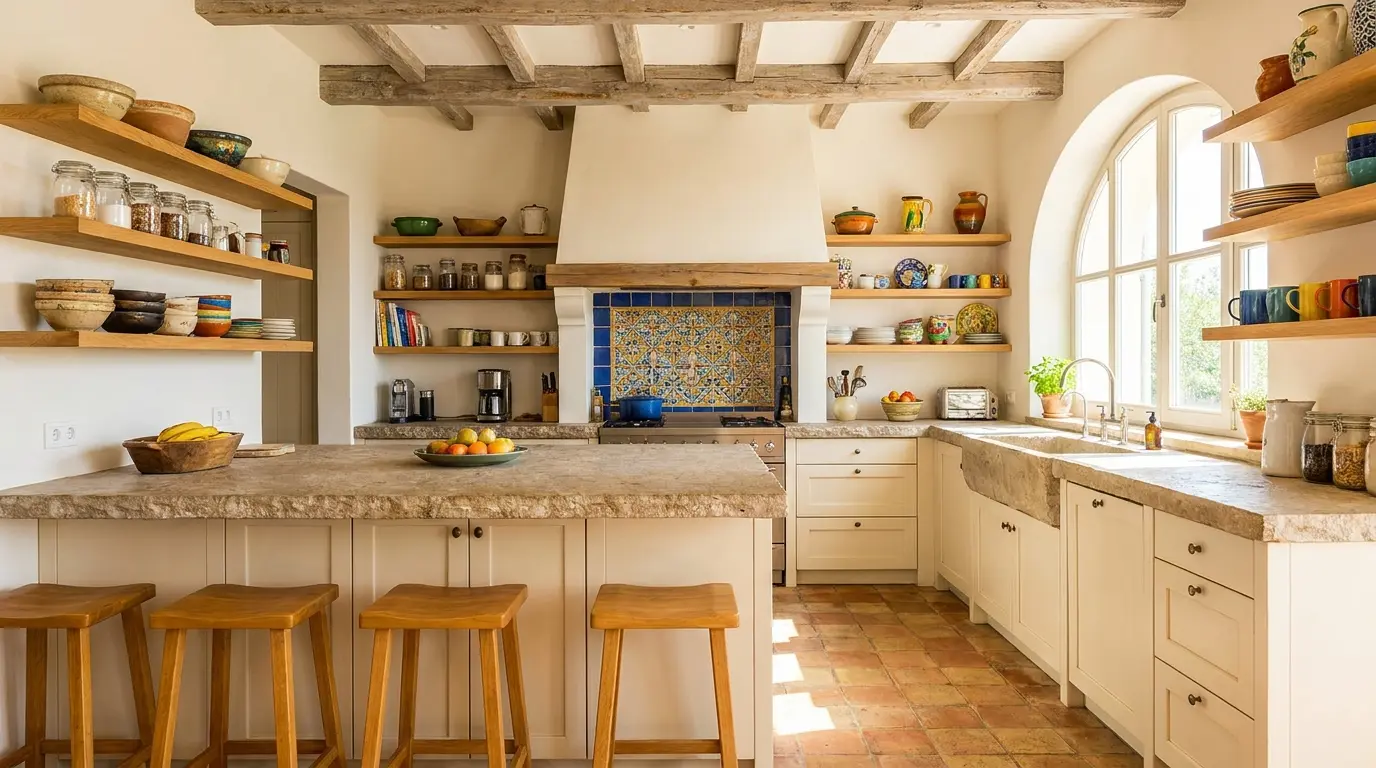 mediterranean kitchen with oak shelves wood stools stone counters and tile backsplash