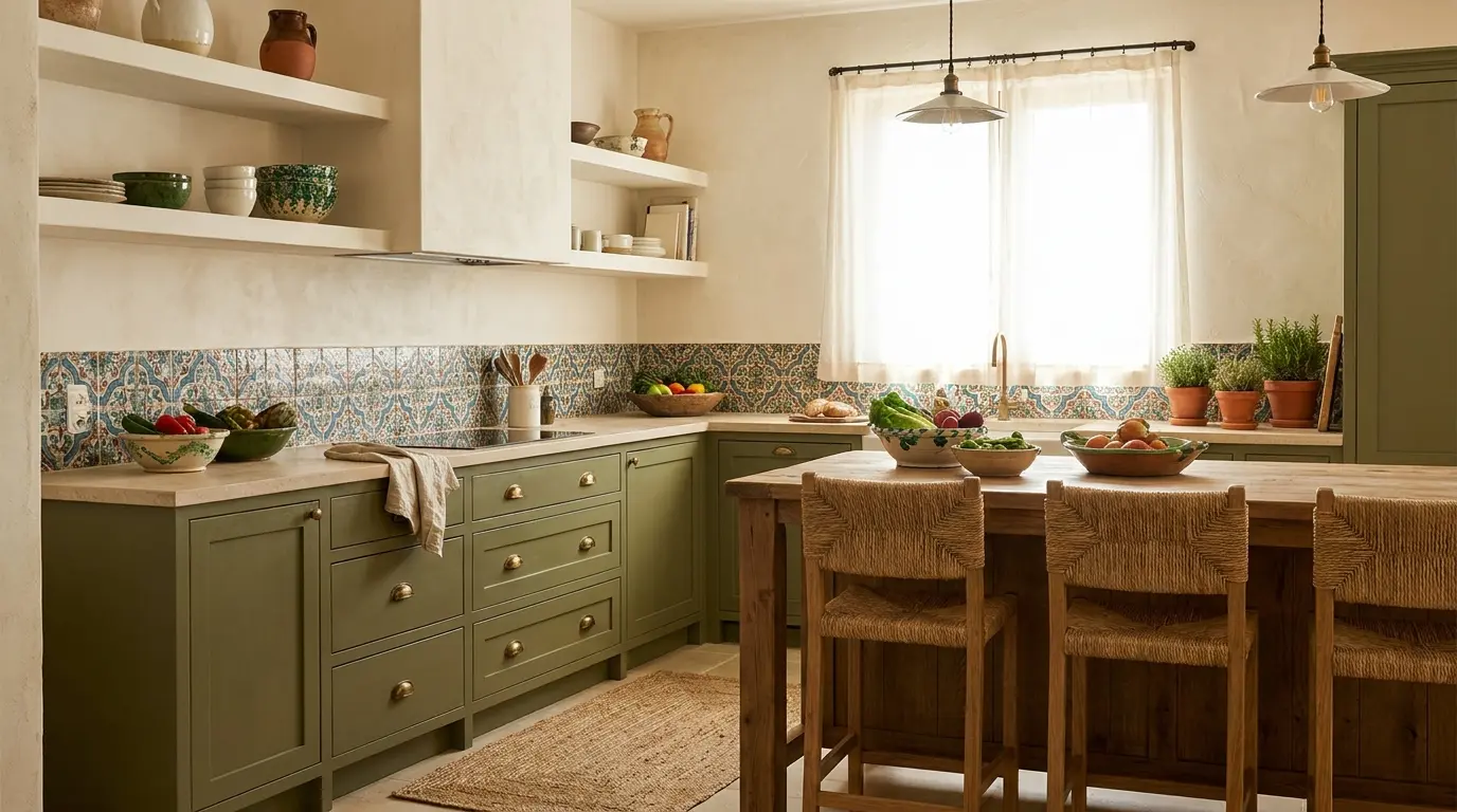 mediterranean kitchen with olive cabinets warm white uppers brass pulls and tile