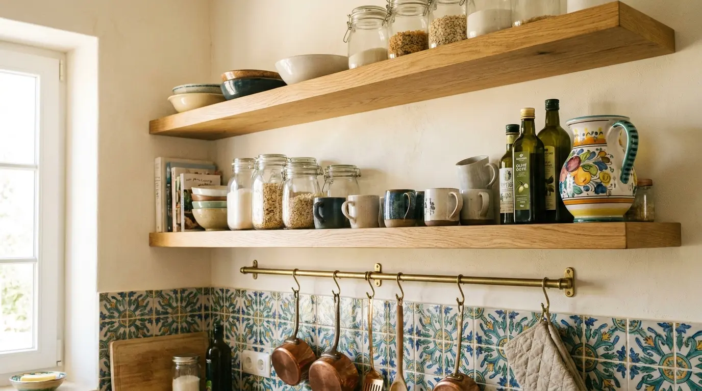 mediterranean kitchen with open oak shelves bowls jars mugs and ceramic pitcher