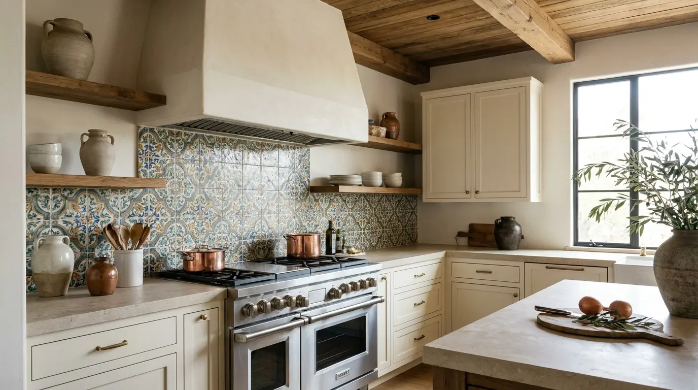 mediterranean kitchen with patterned backsplash plaster hood and cream cabinets