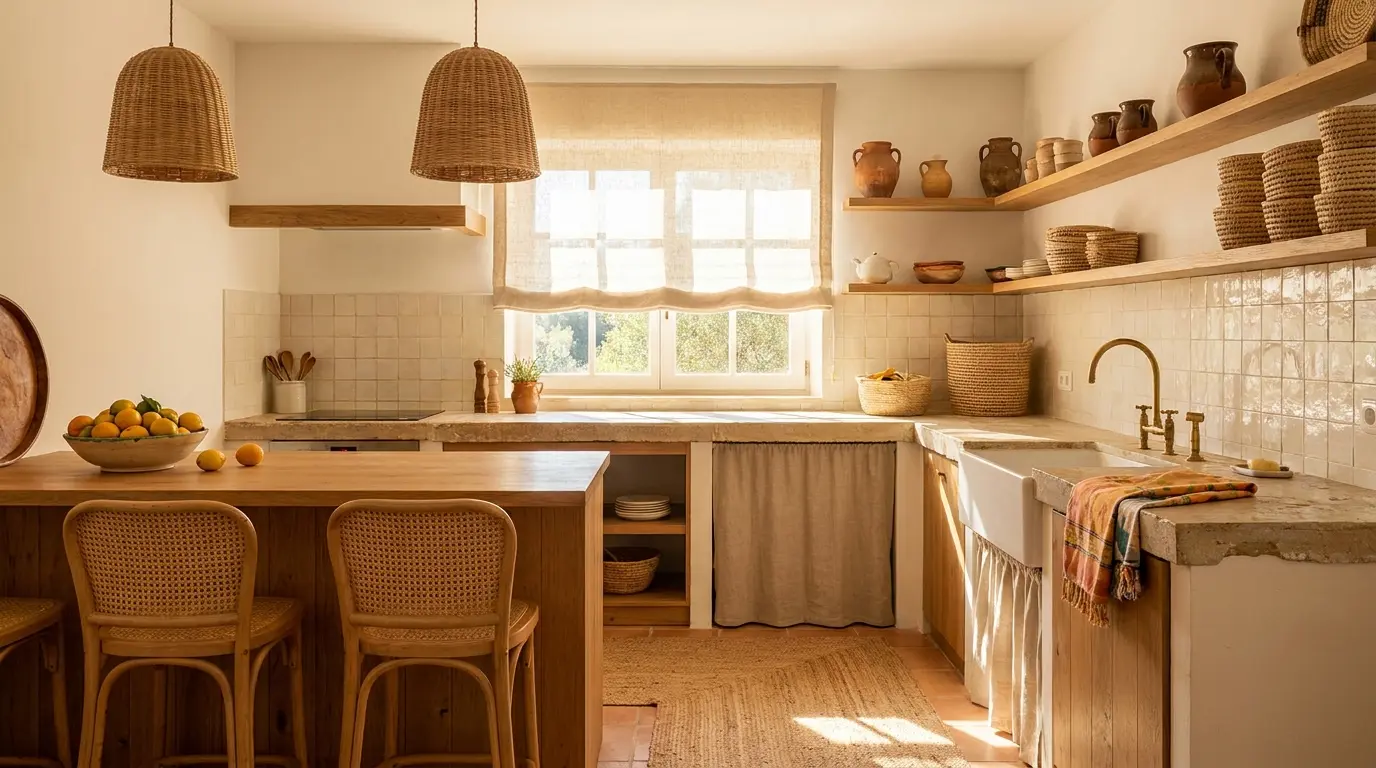 mediterranean kitchen with rattan pendants cane stools woven baskets and ston