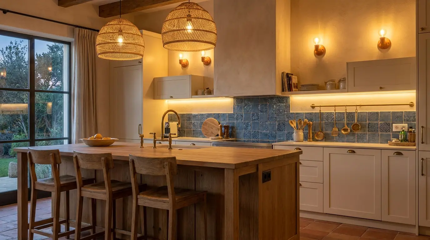mediterranean kitchen with rattan pendants ceramic sconces and warm evening glow