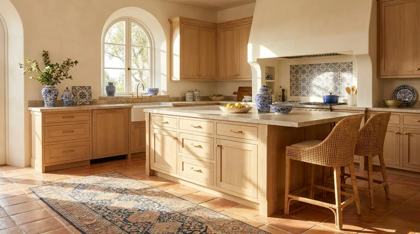 mediterranean kitchen with terracotta floor cream walls wood cabinets and blue accents