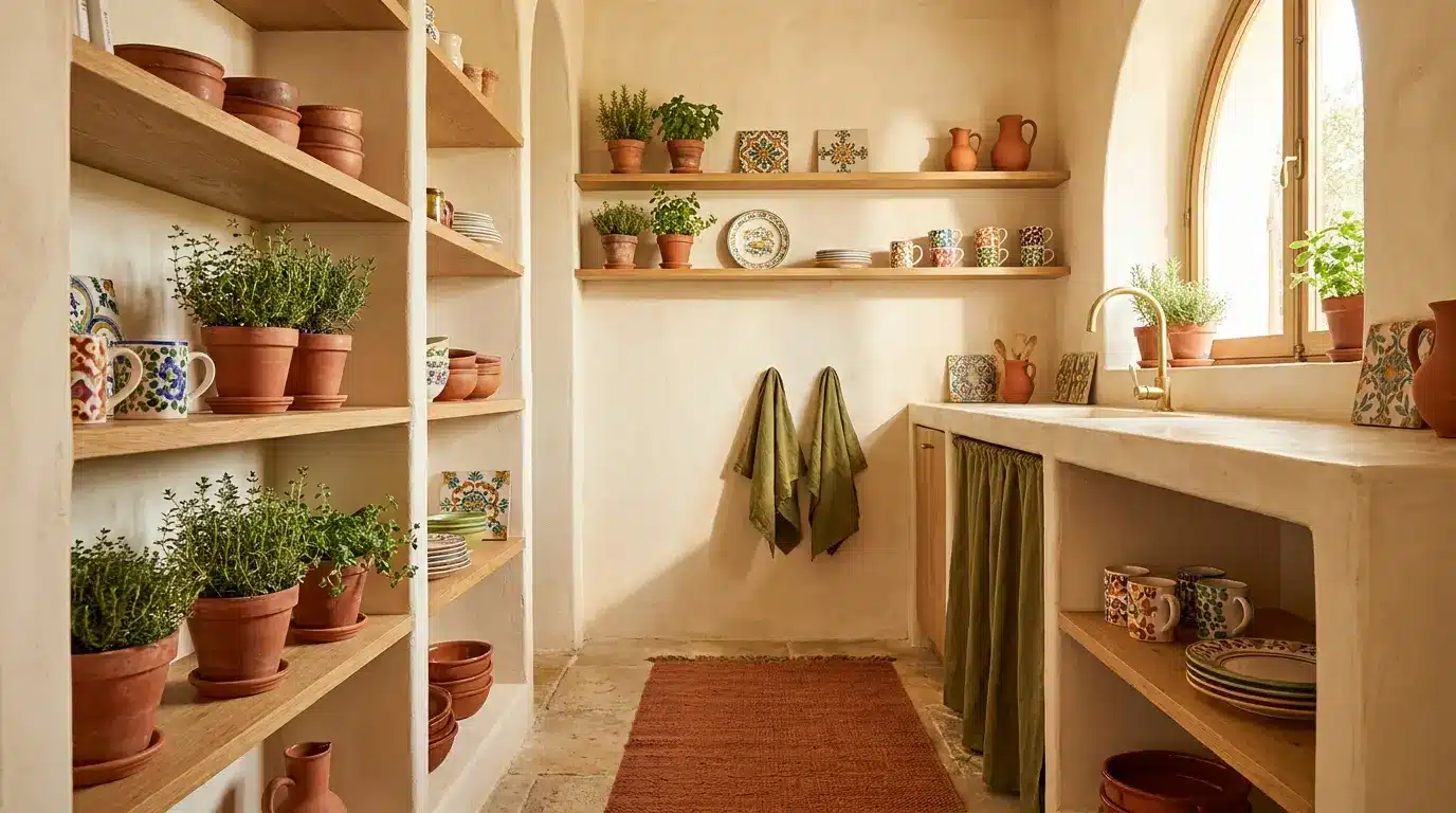 mediterranean kitchen with terracotta pots clay bowls herbs oak shelves and cream walls