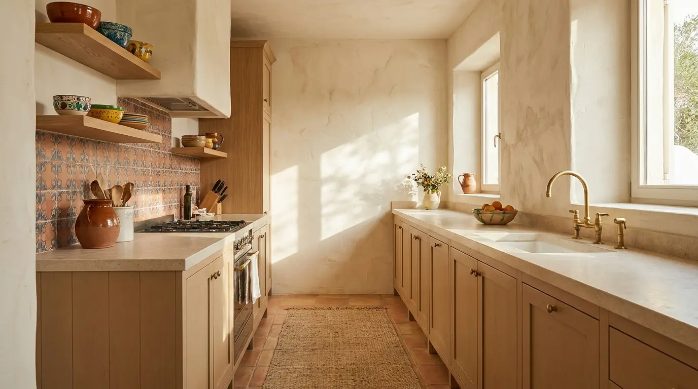 mediterranean kitchen with textured cream walls beige cabinets tile and oak shelves