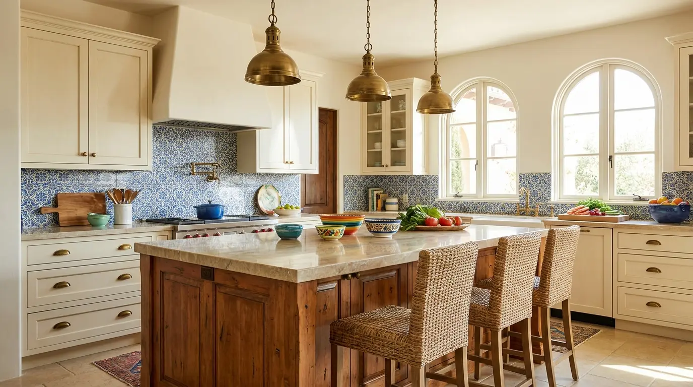 mediterranean kitchen with wood island woven stools stone top and blue tile