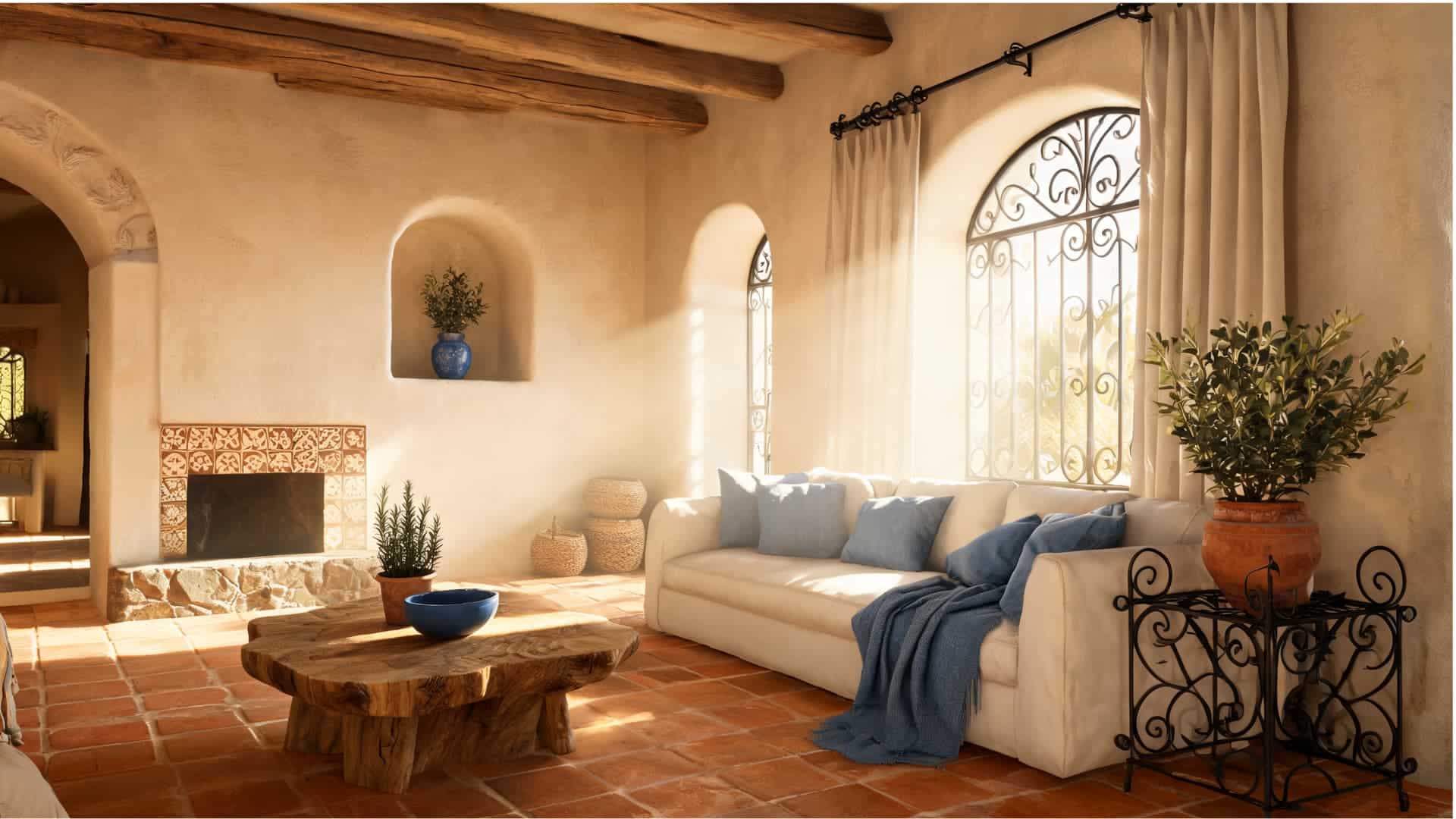 mediterranean living room with arched windows, terracotta tile, plaster walls, blue accents, and wrought iron