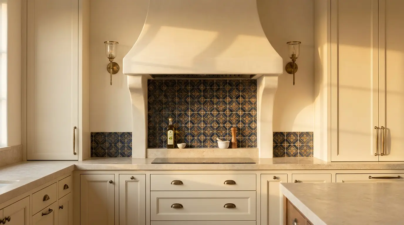 mediterranean range wall with plaster hood tile panel sconces and stone ledge