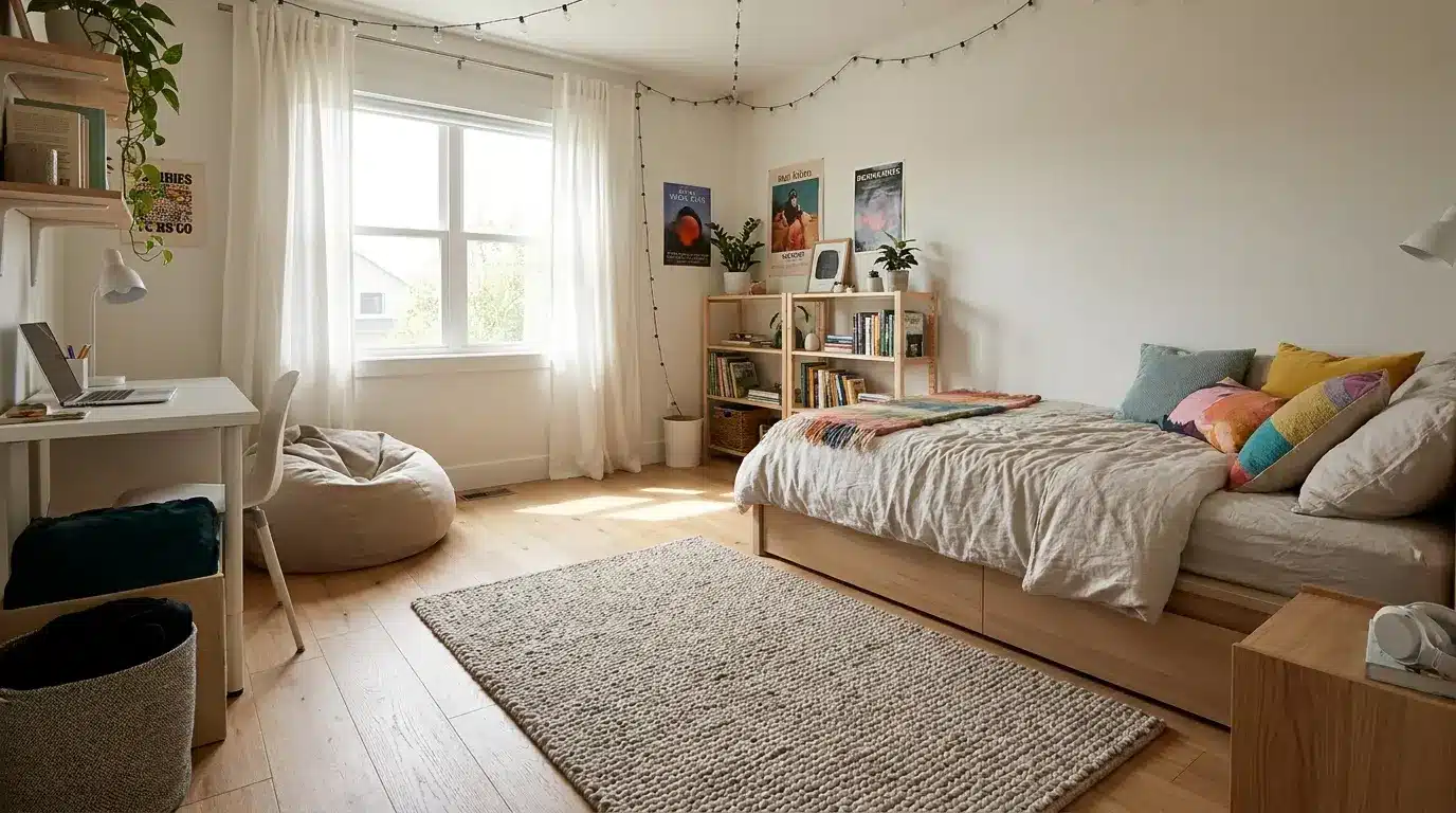 medium frieze rug beside a teen bedroom bed with textured fibers and casual decor