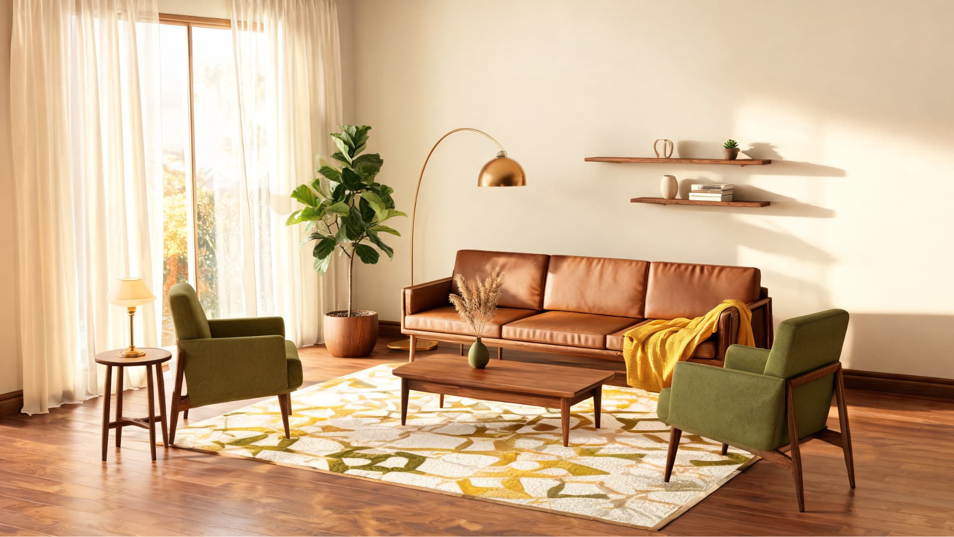 mid-century modern living room with leather sofa, green chairs, warm wood, retro rug, and soft sunlight