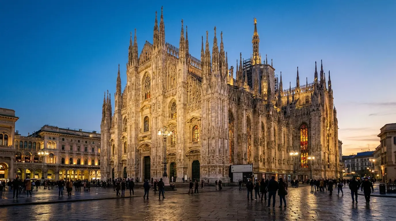 milan cathedral gothic marble spires statues and glowing stained glass