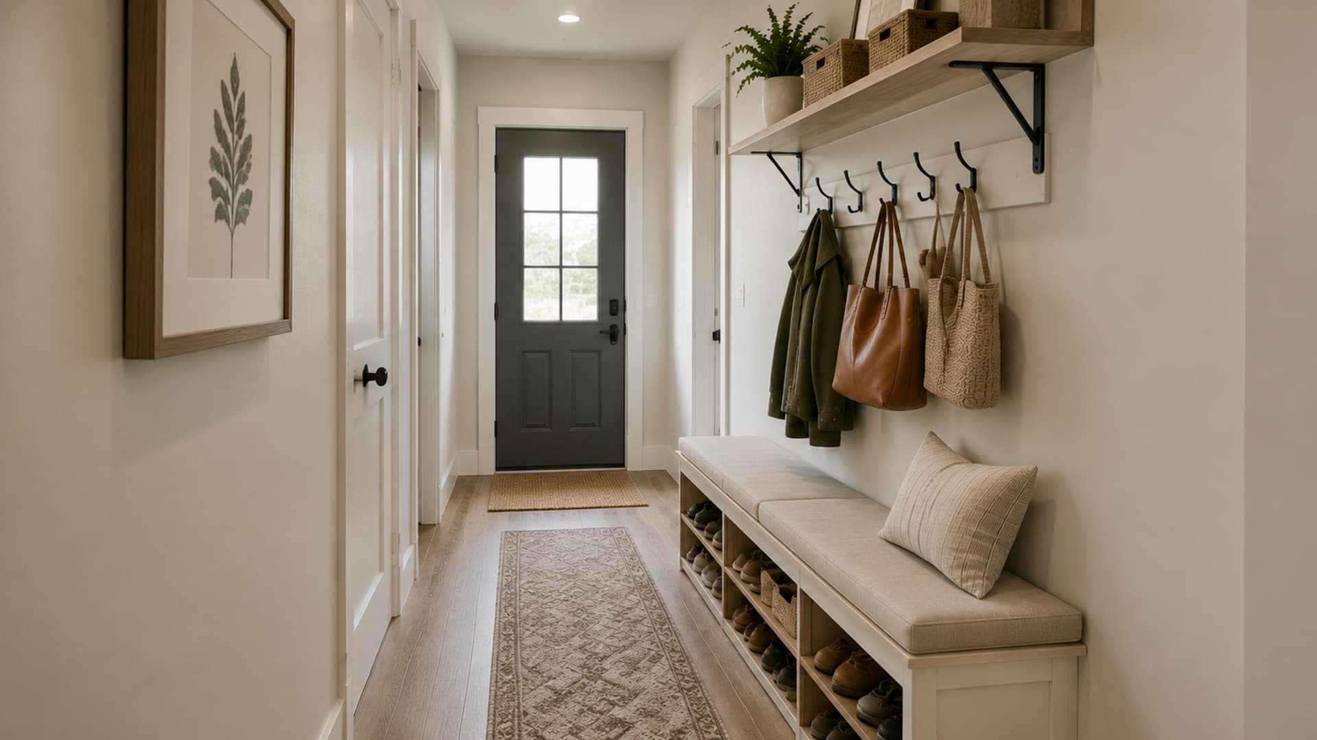 minimal hallway mudroom with bench seating hooks bags shelves and soft neutral tones natural light