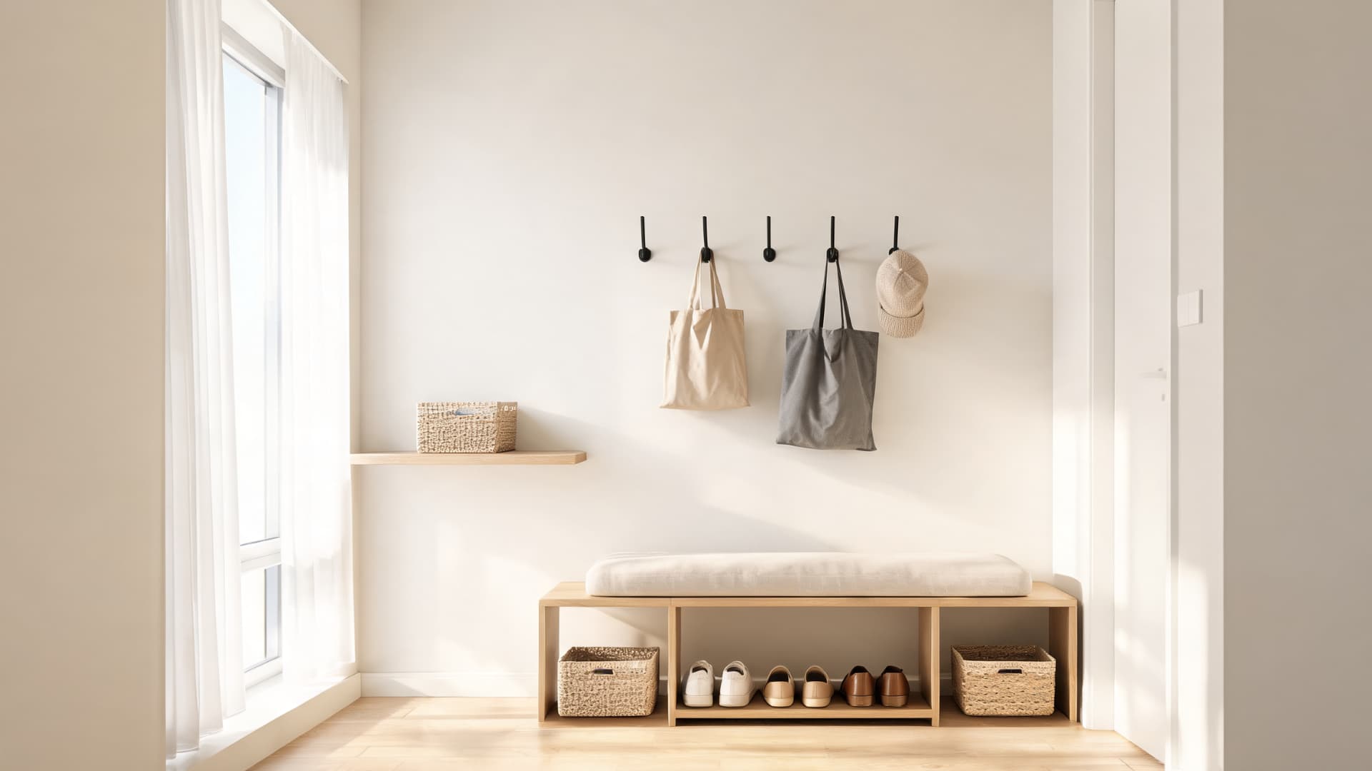 minimal mudroom with wooden bench hooks baskets and shoes storage in soft natural light wood wall and window