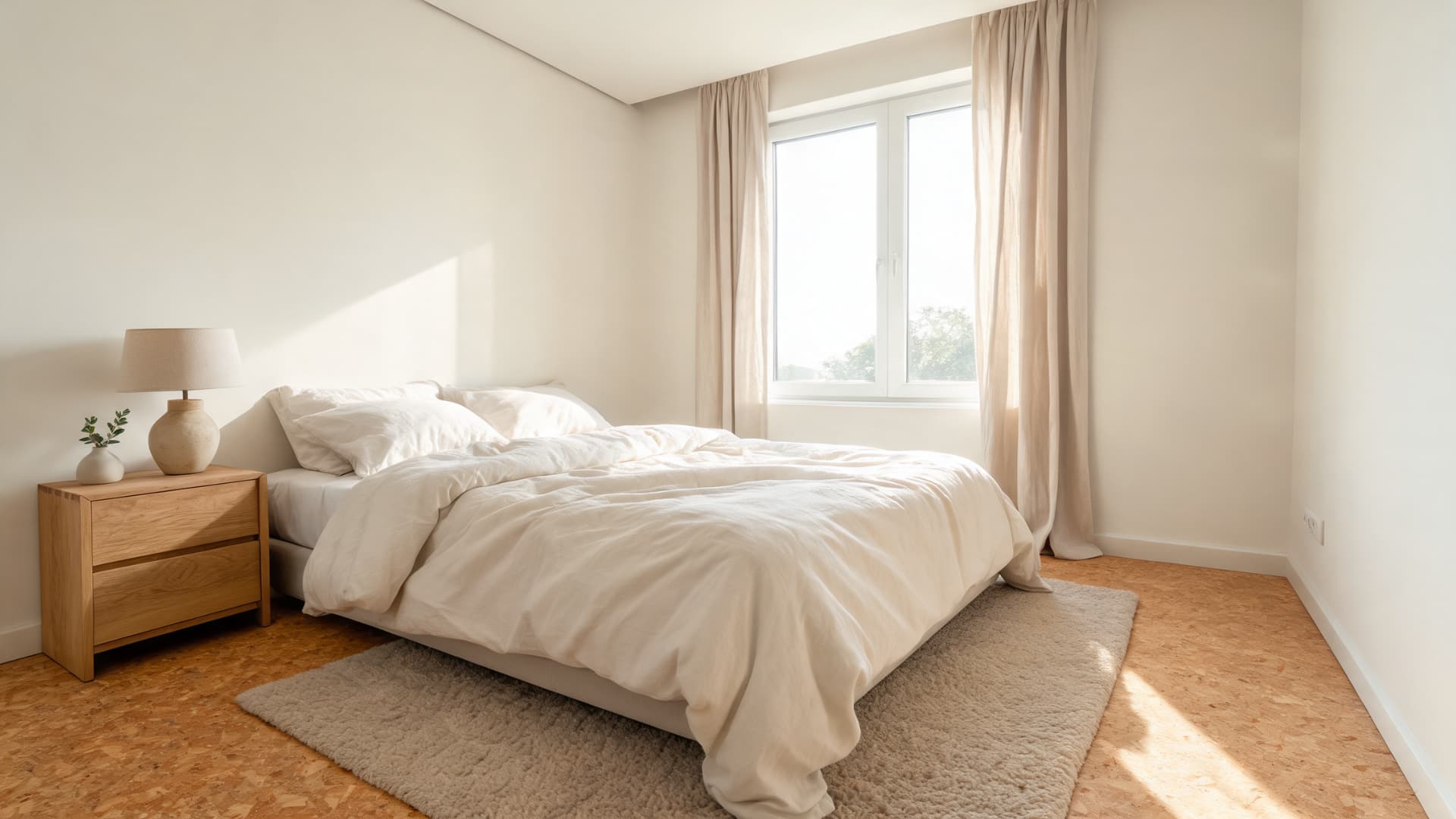 Minimal sunlit bedroom with white bedding, wood nightstand, beige curtains, and a soft rug