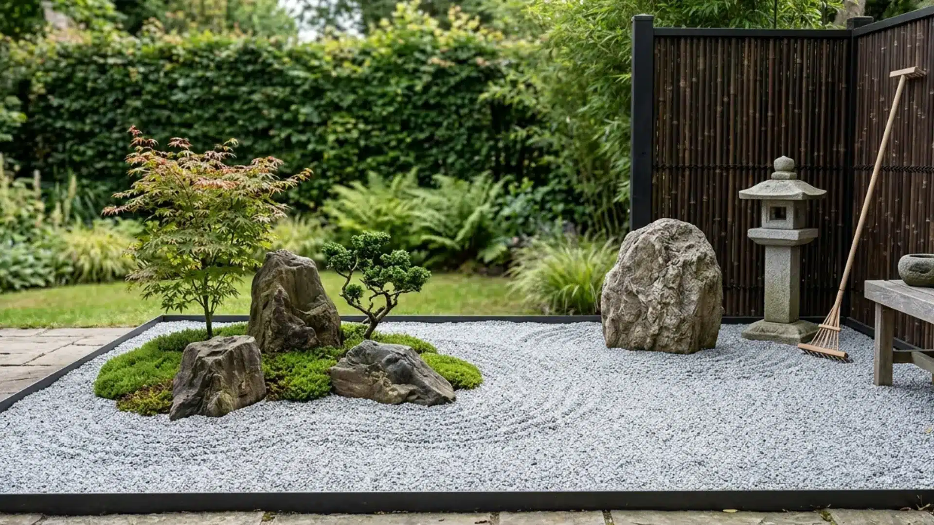 minimalist backyard Zen garden featuring raked grey gravel, asymmetric boulders, moss, a stone lantern, and a bamboo privacy screen