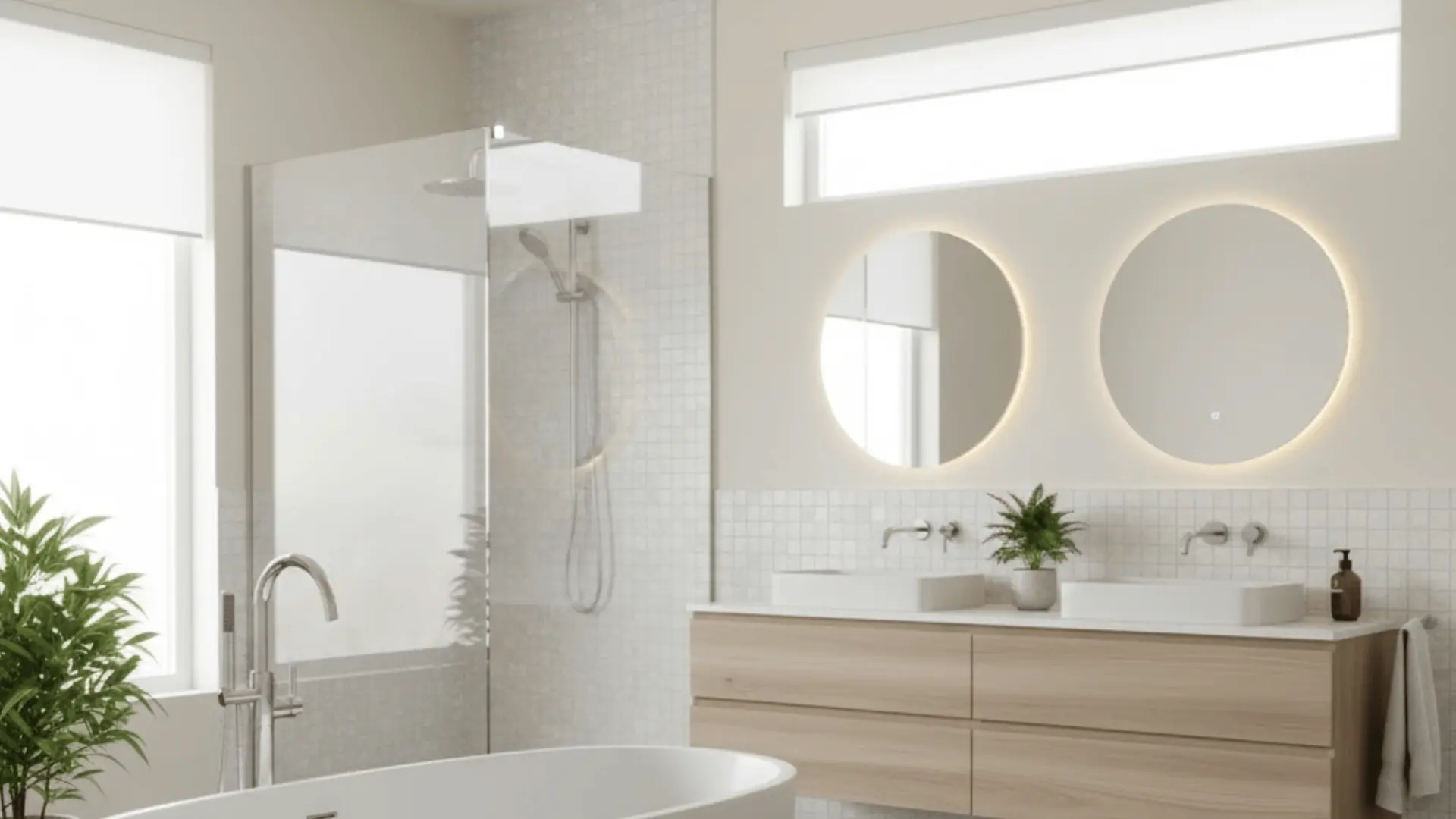 Minimalist bathroom with Natural Choice walls, glass shower, freestanding tub, wood vanity, and dual backlit mirrors