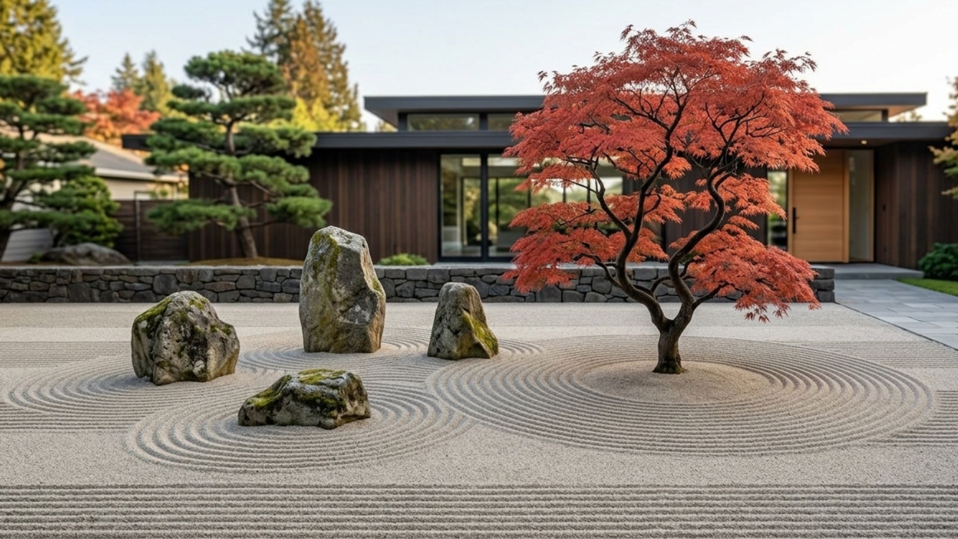 minimalist Japanese zen garden featuring a red maple tree, arranged rocks, and meticulously raked gravel paths before a modern house