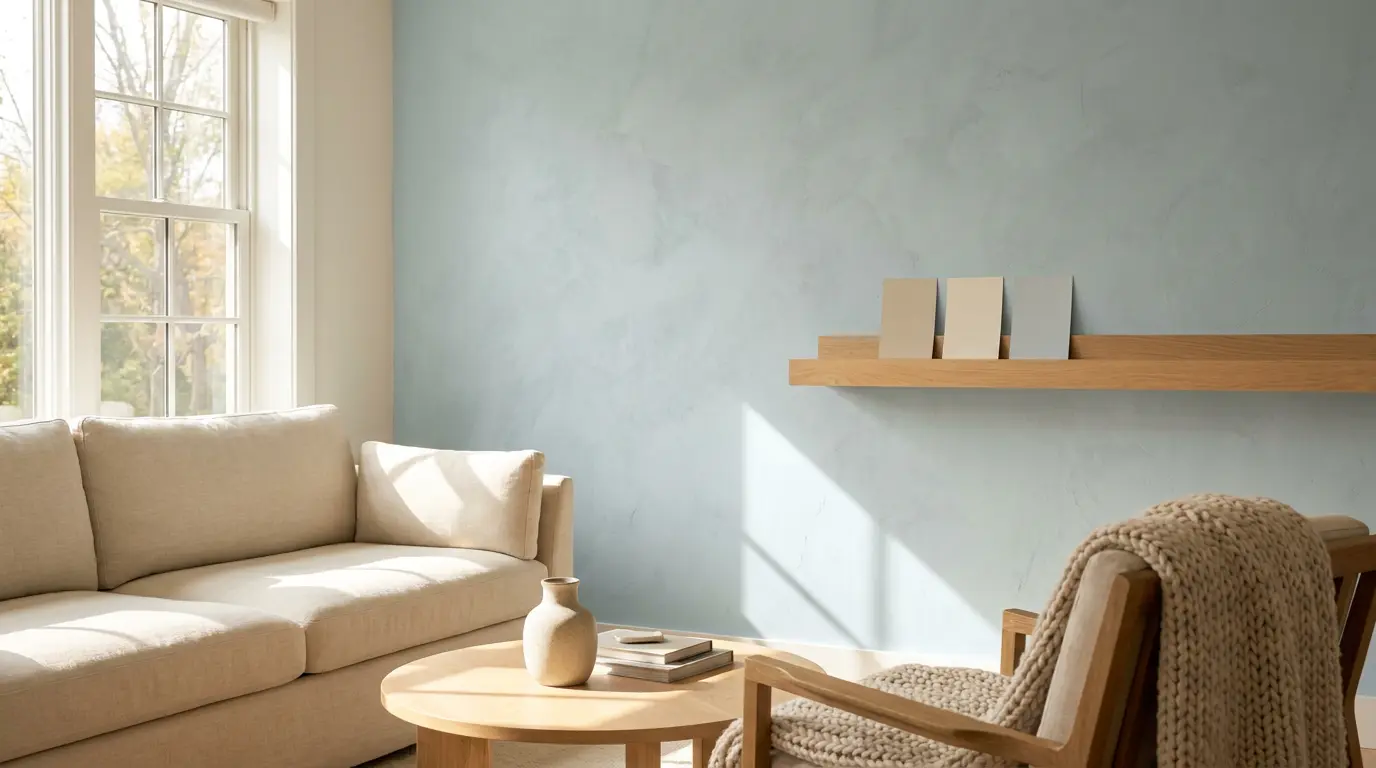minimalist living room with a focal wall painted woodlawn blue benjamin moore natural light and wooden accents