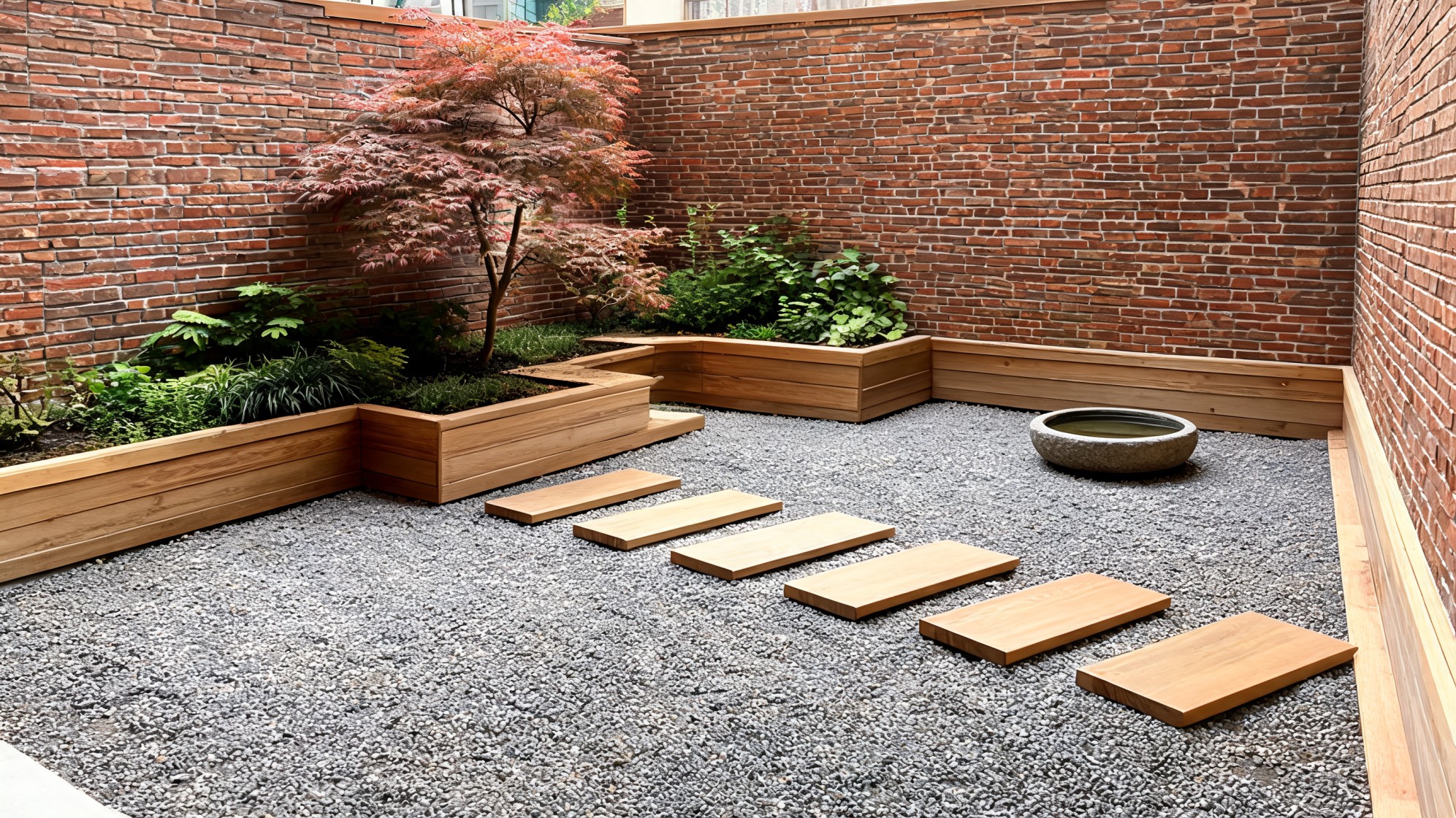 minimalist garden features a Japanese maple tree and lush greenery in wooden planters against brick walls