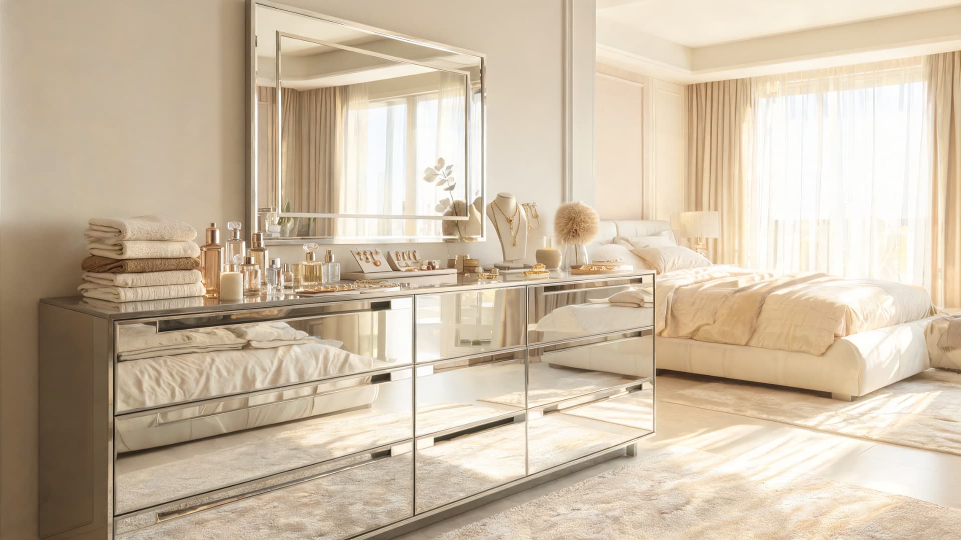 mirrored dresser with reflective drawer fronts and a large framed mirror creating a bright elegant modern bedroom atmosphere