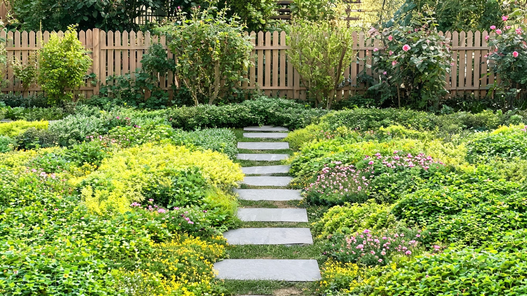 front lawn ideas with mixed ground covers stepping stones pink flowers shrubs and a wooden garden fence