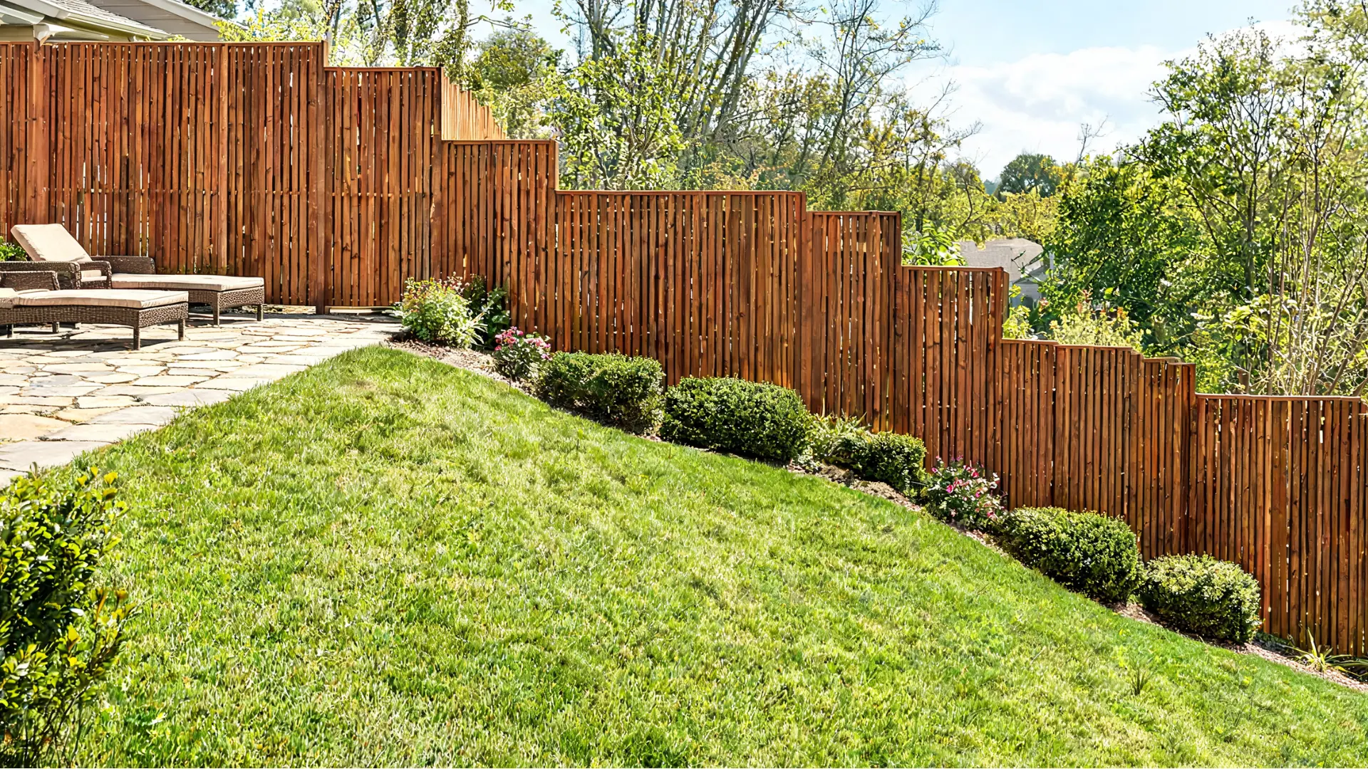 mixed-height stepped fence on a sloped backyard with taller privacy sections and a clean, natural flow