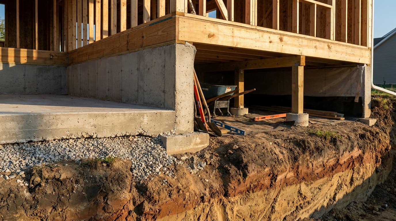 hybrid foundation combining slab and crawl space with realistic cross-section and soil layers