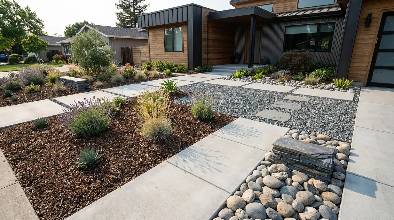 mixed texture front yard with gravel, mulch, plants, decorative stones, and layered low-maintenance landscaping around modern home