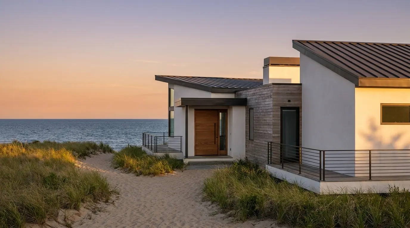 modern white coastal beach house with clean lines, wood door, slim railings, and soft beachside light