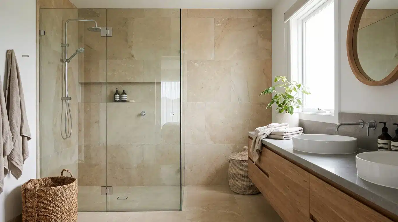 spa-like beach house bathroom with glass shower, floating vanity, stone tile, and soft lighting