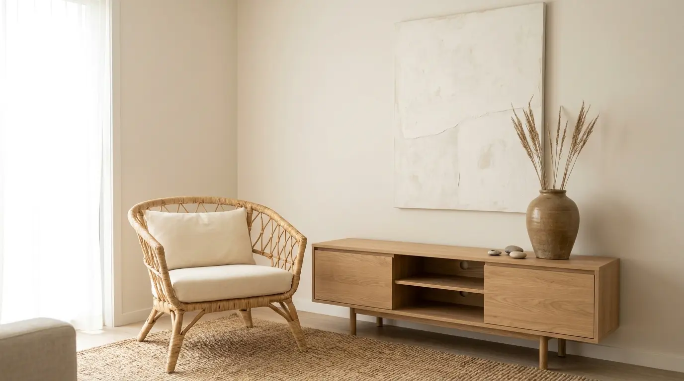 modern coastal room with rattan chair, jute rug, light wood, ceramic decor, and minimal styling