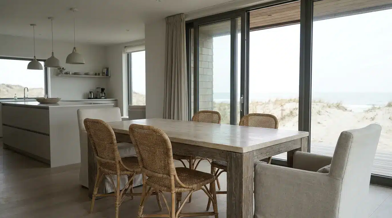 modern beach house dining area with simple table, light chairs, open layout, and coastal daylight