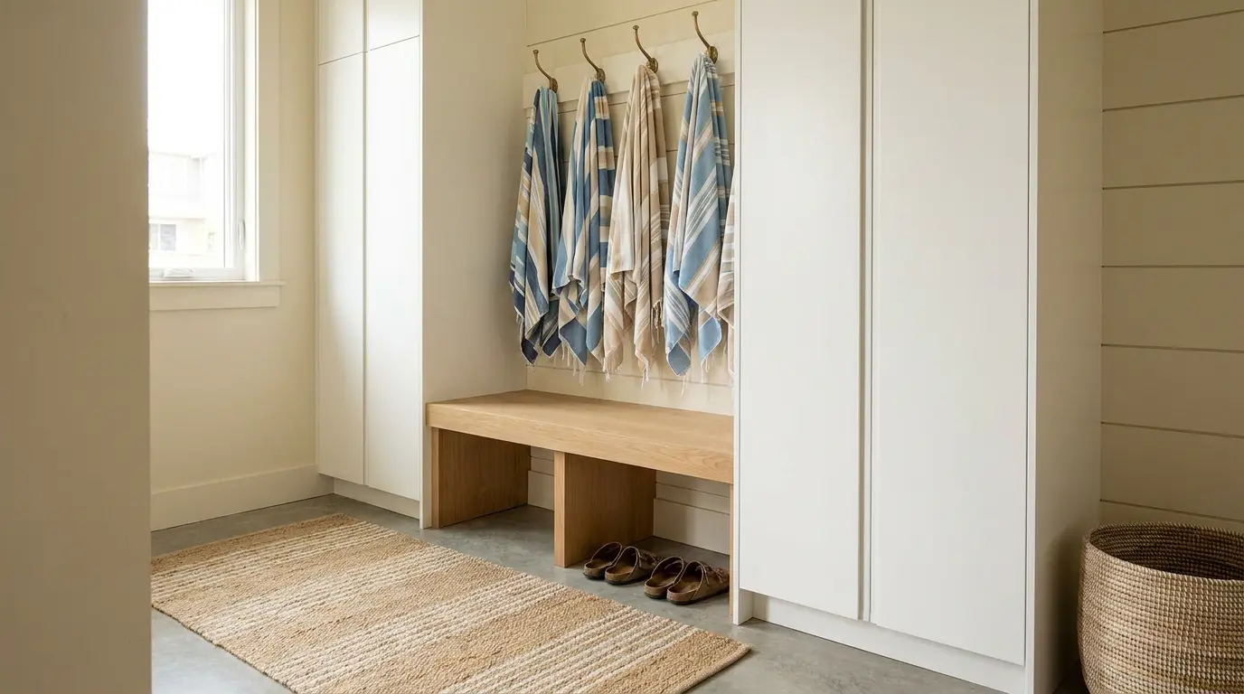 modern beach house mudroom with closed cabinets, bench, hooks, washable rug, towels, and sandals